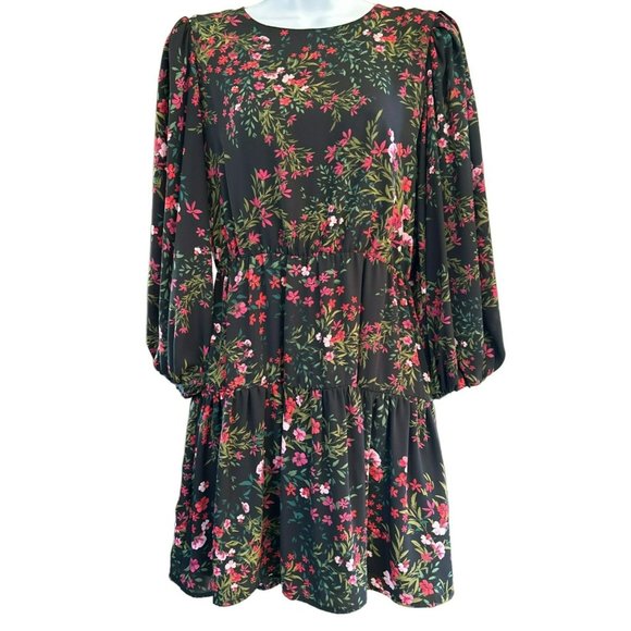 Cece Women's Black Floral Tiered Mini Dress Size Small Chiffon Lined A-Line - Picture 1 of 4